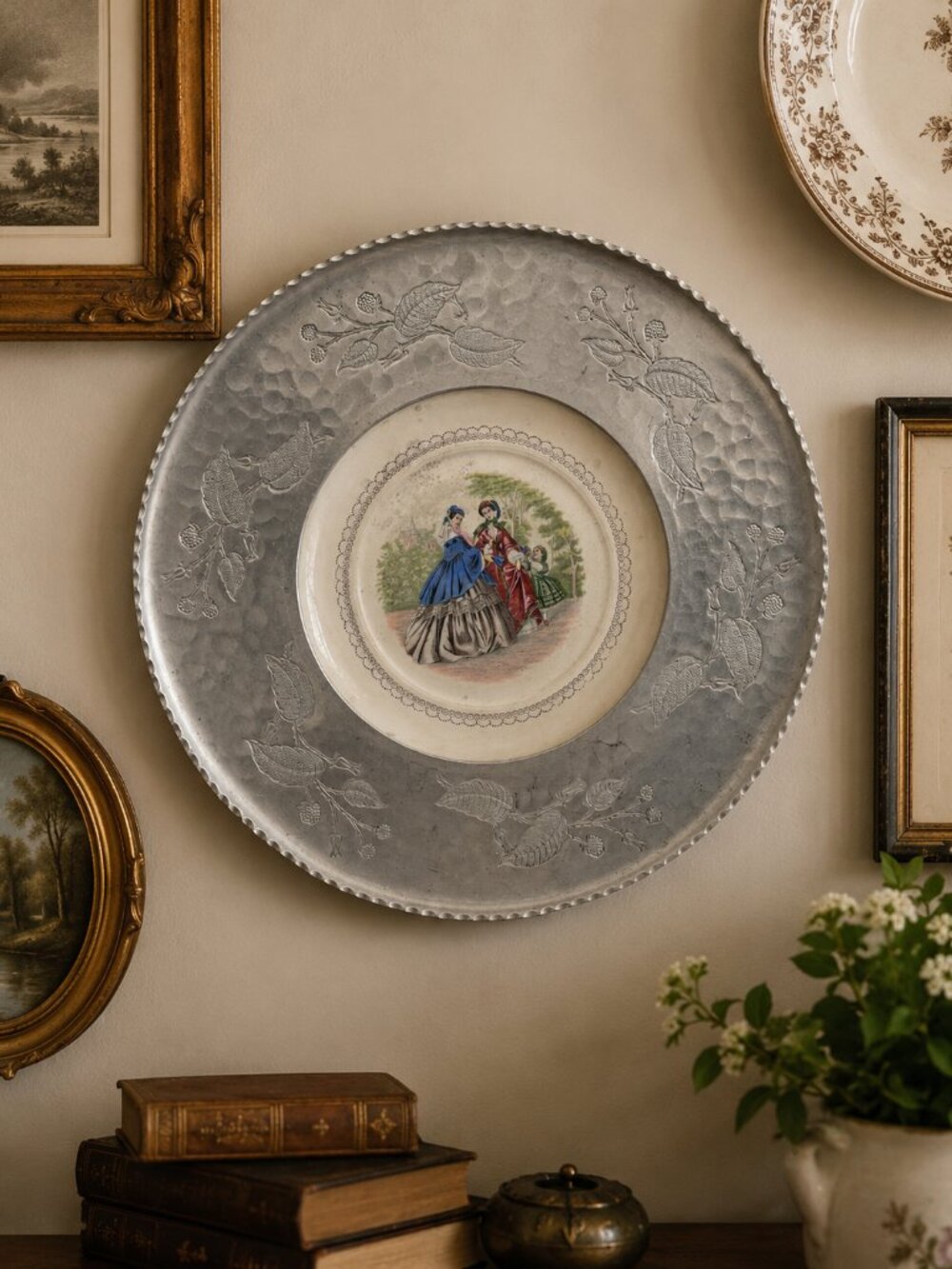 Vintage Farberware Plate, Wrought Hammered Aluminum Tray Wrapped Ceramic Plate